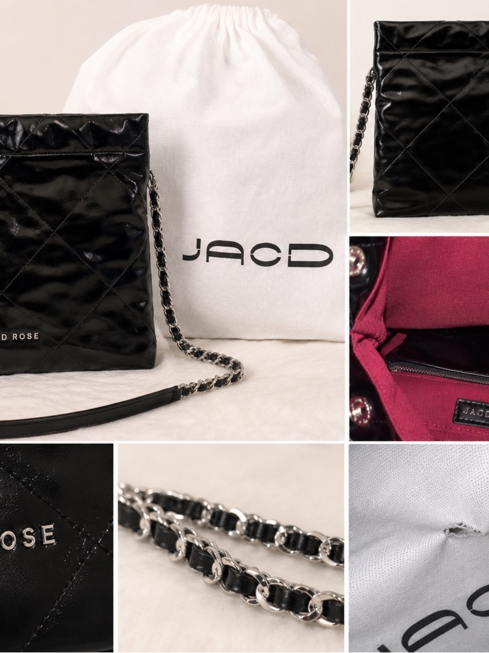 JACD ROSE Blk Quilted Chain Strap Shoulder Bag + Matching Pouch & Dust Bag NWOT